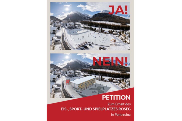 Vergleich Rosegplatz Pontresina: oben der heutige Eis-, Sport- und Spielplatz Roseg mit Ja, unten die Vision mit dem Hotelneubau Hotel Flaz mit Nein